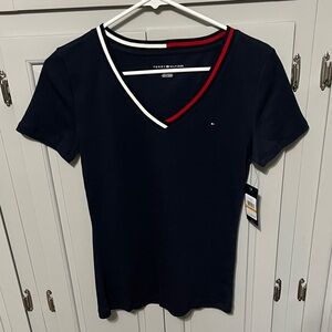 NWT Tommy Hilfiger Women's Black V-Neck Tee with Red and White Trim, small